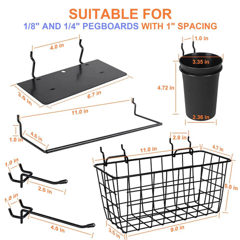 Pegboard Organizer Kit 18 Pack With Hooks Baskets Cups And Trays For Garage Workshop And Craft Room Universal One Eighth And One Quarter Inch Pegboards showing multiple accessories with measurements