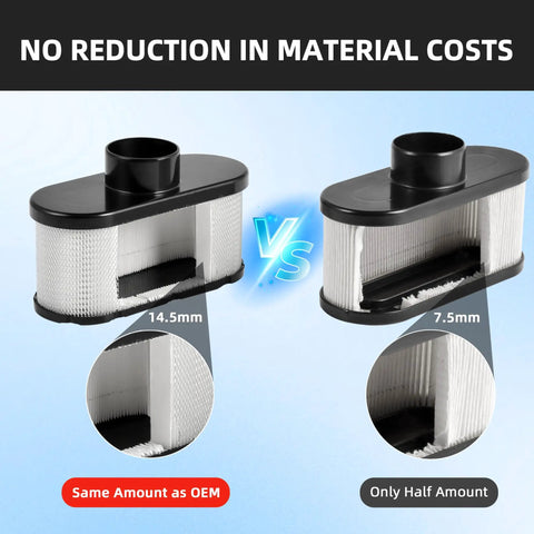 Kawasaki FR691V Tune Up Kit filter comparison showing OEM material amount vs. reduced amount for lawn mower engines.