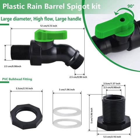 Diagram of Full Flow Rain Barrel Spigot Kit with Bulkhead Fitting and green handle, labeled dimensions and parts shown