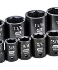 Nineteen Piece Half Inch Drive Six Point Standard Impact Socket Set SAE With Off Corner Loading And Black Oxide Finish