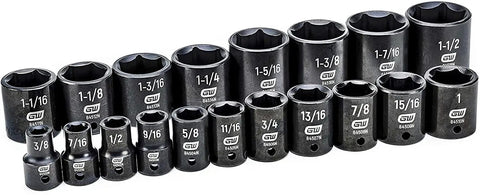 Nineteen Piece Half Inch Drive Six Point Standard Impact Socket Set SAE With Off Corner Loading And Black Oxide Finish