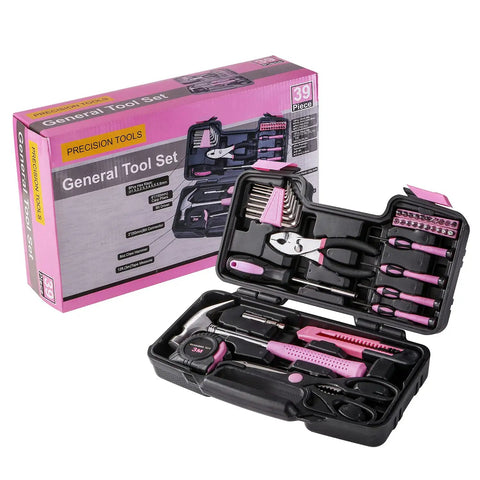 Pink 39 Piece All Purpose Household Tool Kit Set for Women with a compact toolbox for home, garage, office, and dorm DIY projects.