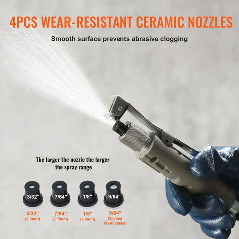 Powerful 10 Gallon Sandblaster Kit With 125 PSI Pressure ceramic nozzles spraying with glove-covered hand close-up