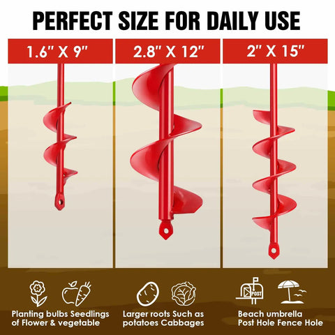 Upgrade 3-Piece Auger Drill Bit Set for Easy Planting with sizes 1.6x9, 2x15, 2.8x12 displayed on soil surface