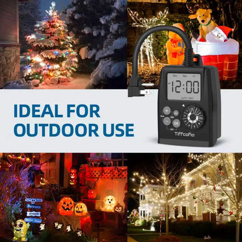 No Sweat Digital Outdoor Timer Outlet Featuring Easy Dial Programming And A Huge Clear Display Waterproof Dual Socket Layout Tailored For Christmas Lights And Backyard Gear At Sixteen Amps Rated, displayed above festive outdoor decorations.