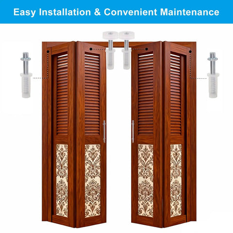 Four Piece Bi Fold Door Top Roller Guide Wheel And Pivot Repair Kit with wooden doors, showing spring-loaded hardware components.