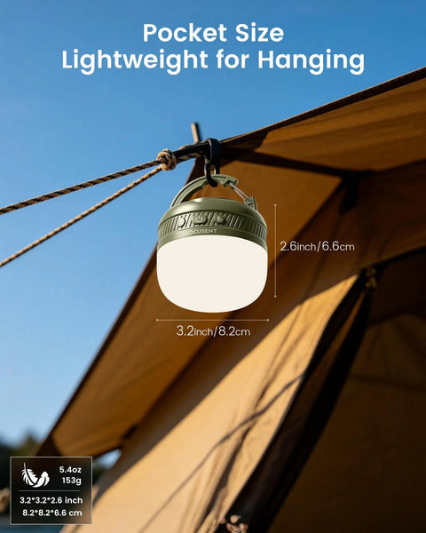 Rechargeable Camping Lantern With 5000mAh Battery hanging on tent with dimensions 3.2x2.6 inches, suitable for emergencies and power outages.