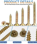 M4 Wood Screws Assortment Kit 340 Pcs with 7 lengths, Phillips flat head, yellow zinc plated, self tapping, close-up view