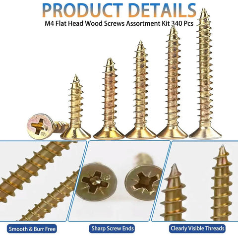 M4 Wood Screws Assortment Kit 340 Pcs with 7 lengths, Phillips flat head, yellow zinc plated, self tapping, close-up view