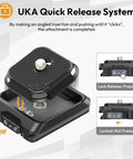 Camera Quick Release Plate And Tripod Mount Adapter For Gimbals Sliders And DSLRs showing locking mechanism, Arca Swiss compatible