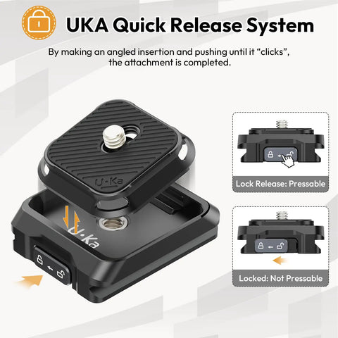 Camera Quick Release Plate And Tripod Mount Adapter For Gimbals Sliders And DSLRs showing locking mechanism, Arca Swiss compatible