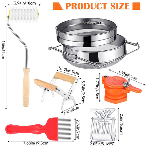 Pro Grade Beekeeping Honey Harvest Kit With Stainless Steel Strainer, Frame Grip, Uncapping Fork And Roller, sizes shown