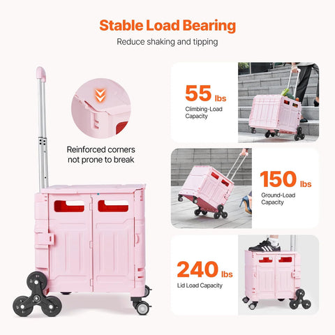 Pink Foldable Utility Cart 65L Portable Crate Rolling Cart With Stair Climbing Wheels And 360 Degree Swivel Wheels Telescoping