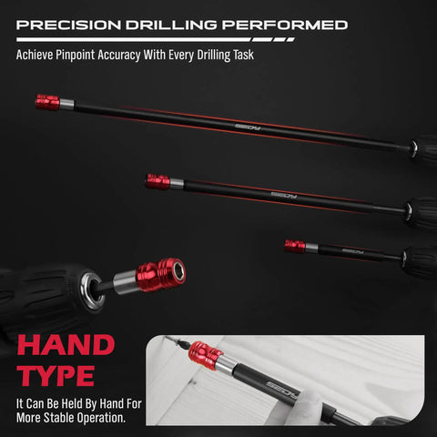 Five Piece Extra Long Magnetic Screwdriver Bit Holders Set With Two Inch Four Inch Six Inch Twelve Inch And Seventeen Inch Lengths One Quarter Inch Hex Shank Quick Release Extension Durable CR V Steel Universal Fit For Impact Driver Bits shown in use.