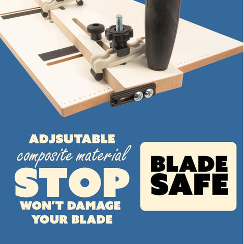 Close-up of Adjustable Taper and Straight Line Jig With Blade Safe Hold Downs for Table Saw on blue background with text.