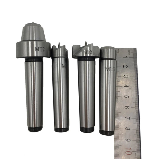 Heavy Duty MT2 Morse Taper Live Center And Drive Set For Wood Lathes showing four precision tips and ruler.