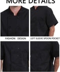 Moisture Wicking Mesh Chef Jacket For Men, Cool Flow Short Sleeve Culinary Coat With Handy Sleeve Pocket, Pro Level Double Breasted Kitchen Wear, Daily Grind Restaurant Uniform And Top Shelf Cooking Apparel, features button design and breast pocket.