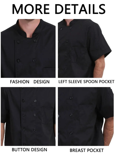 Moisture Wicking Mesh Chef Jacket For Men, Cool Flow Short Sleeve Culinary Coat With Handy Sleeve Pocket, Pro Level Double Breasted Kitchen Wear, Daily Grind Restaurant Uniform And Top Shelf Cooking Apparel, features button design and breast pocket.