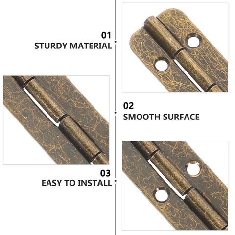 Close-up images of Six Piece 150 Mm Metal Piano Hinges In Vintage Bronze, highlighting sturdy material and smooth surface.