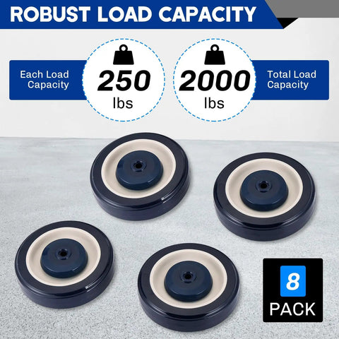 8 Pack 5 Inch Shopping Cart Replacement Wheels Kit With Heavy Duty Polyurethane Wheels shown with load capacity of 250 lbs each