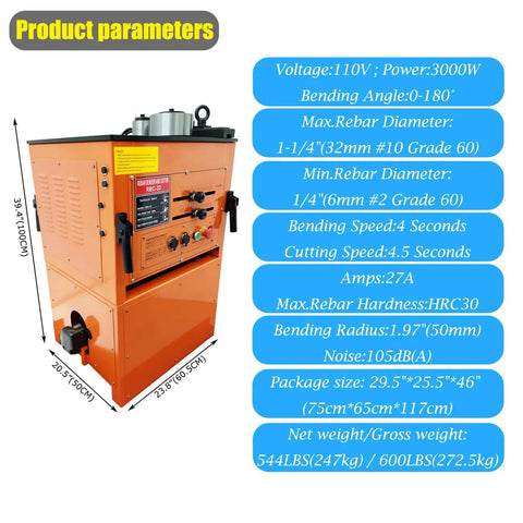 Heavy Duty Electric Rebar Bender And Automatic Steel Bar Cutter Machine Boasts A Tough Iron Build 110 Volt 3 Kilowatt Motor dimensions and specifications.