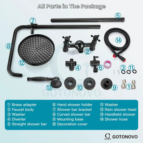 Exposed Wall Mount Shower Faucet Set With 8 Inch Rain Showerhead Brass Handheld Spray Double Cross Handles Oil Rubbed Bronze Finish 2 Function Diverter Top Notch Brass Construction package contents displayed.