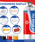 Tile Repair Kit With Color Matching Porcelain Repair Paste For Bathtub Sink Ceramic Marble Granite Quartz And Acrylic To Fix Cracks Chips Holes Scratches Dents And Reattach Missing Pieces Quick And Easy DIY 3.4 Oz displayed with accessories including silicone cups, stirrers, gloves, scraper, sandpaper, push rod, and color tubes.