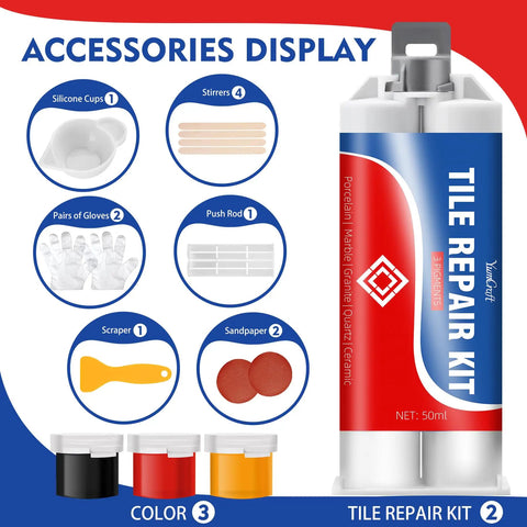 Tile Repair Kit With Color Matching Porcelain Repair Paste For Bathtub Sink Ceramic Marble Granite Quartz And Acrylic To Fix Cracks Chips Holes Scratches Dents And Reattach Missing Pieces Quick And Easy DIY 3.4 Oz displayed with accessories including silicone cups, stirrers, gloves, scraper, sandpaper, push rod, and color tubes.
