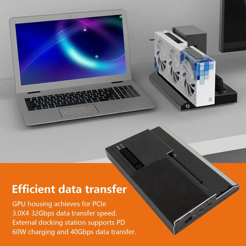 Top Shelf Usb 4.0 External Graphics Dock Pumping Forty Gbps Speeds For Gaming Laptops Consoles And Workstations next to a laptop.