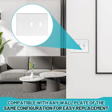 Three Gang Wall Plate With Two Toggle Holes And One Blank Cover Gloss White Stainless Steel Finish Standard Size 4.50 By 6.38 Inches Corrosion Resistant GFCI Outlet Receptacle Compatible Conceals Unused Switches For A Clean Look installed on a wall next to a sofa and coffee table.