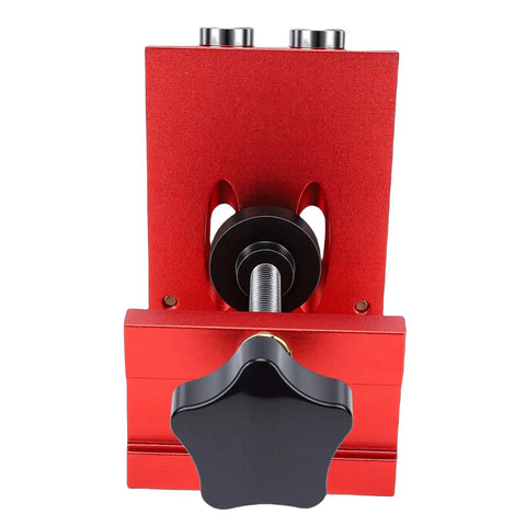 Heavy Duty Pocket Hole Jig Kit With Dual Scale Sliders And Precision 15 Degree Angle For Knockout Cabinet Joints. Front view of red steel frame.
