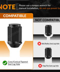 Diagram showing compatible cone seat lug nuts for Black Wheel Lug Nut Kit For EZGO And Club Car Golf Carts 1/2-20 Size 16 Pack