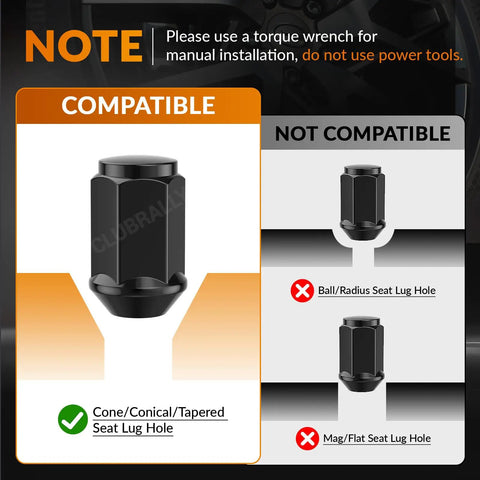Diagram showing compatible cone seat lug nuts for Black Wheel Lug Nut Kit For EZGO And Club Car Golf Carts 1/2-20 Size 16 Pack
