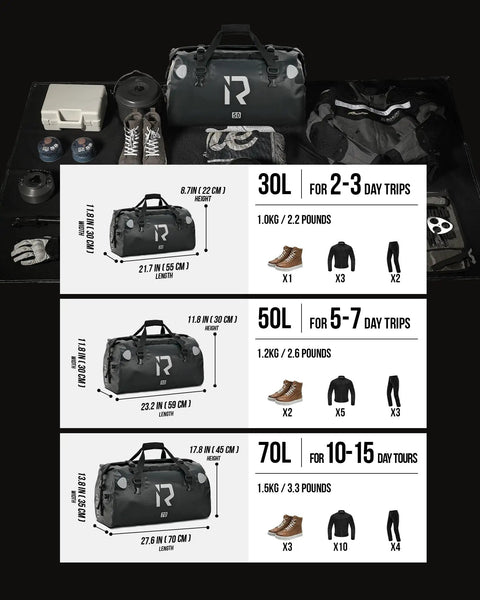 Waterproof Motorcycle Dry Bag 30L Duffle Tail Bag N Saddle Bags With Roll Top Closure shown with gear for 2-3 day trips