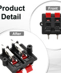 Front and side view of Four Way Spring Terminal Clip Push Release Connector Plate Jack Socket for speaker wiring.