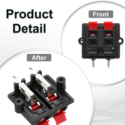 Front and side view of Four Way Spring Terminal Clip Push Release Connector Plate Jack Socket for speaker wiring.