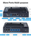 Rock Solid Fanless Router Firewall Mini Pc With Dual Sfp Fiber And Quad Lan Ports Intel N150 Cpu 8G Ddr4 128G Nvme Ssd showing multiple ports and connectivity options.