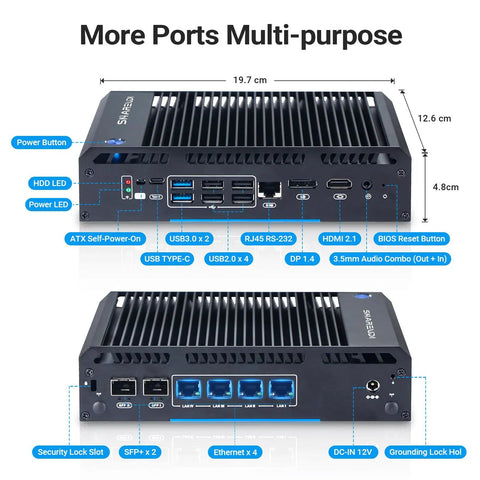 Rock Solid Fanless Router Firewall Mini Pc With Dual Sfp Fiber And Quad Lan Ports Intel N150 Cpu 8G Ddr4 128G Nvme Ssd showing multiple ports and connectivity options.