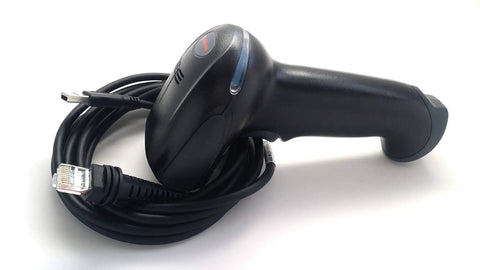 Ultra Compact 2D Barcode Scanner With USB Cable Renewed For Retail And Inventory, Space Saving Single Board Design shown connected