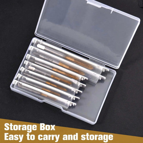 Kickass 7pc Micro Tap Drill Kit High Speed Steel Metric Plug Threads M2 To M6 Compact storage box with clear case and drill bits.