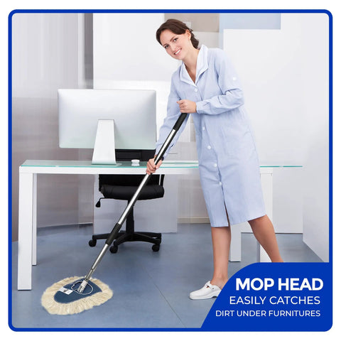 Heavy Duty Cotton Wedge Dust Mop Head For Hardwood Floors And Commercial Janitorial Use Rock Solid With Hand Stitched Yarn For Zero Sweat Cleaning On Your Daily Grind Jobs in office setting.