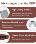 Premium Heavy Duty Center Mount And Undermount Drawer Slides metal bracket and roller stop installation details for drawers.