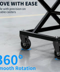 Close-up of a black frame with 2.5-inch caster wheels featuring smooth 360-degree swivel, part of a Set Of 6 Heavy-Duty 2.5 Inch Caster Wheels With Rubber Tires, 360 Degree Swivel, Quiet Rolling, Replacement For Mechanic Creepers, Stools And Rolling Garage Seats, DIY Kit With Hardware For Easy Installation For Smooth Quiet Operation.