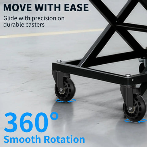 Close-up of a black frame with 2.5-inch caster wheels featuring smooth 360-degree swivel, part of a Set Of 6 Heavy-Duty 2.5 Inch Caster Wheels With Rubber Tires, 360 Degree Swivel, Quiet Rolling, Replacement For Mechanic Creepers, Stools And Rolling Garage Seats, DIY Kit With Hardware For Easy Installation For Smooth Quiet Operation.