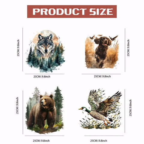 Four Hunting Animals Iron On Transfers Pack For Shirts And Hoodies, Forest Wolf Bear Dog Duck Heat Transfer Stickers, 25x25cm size details