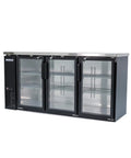 Heavy Duty 72 Inch Commercial Beverage Cooler With Three Double Pane Glass Doors And Slick Black Finish showcasing stainless steel top and interior.