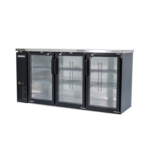 Heavy Duty 72 Inch Commercial Beverage Cooler With Three Double Pane Glass Doors And Slick Black Finish showcasing stainless steel top and interior.