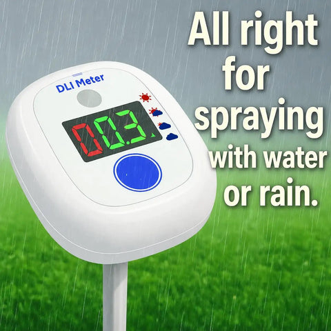 Smart Sunlight Meter For Gardens And Landscapes That Classifies Daily Light Integral To Identify Full Sun Partial Sun Partial Shade And Shade With A 10 Day DLI History And Clear Digital Display, white plastic outdoor sensor on stake