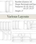 Diagram of SimpleSort 10 Piece Stackable Clear Drawer Organizer Set with Multi Size Trays showing various layouts and dimensions