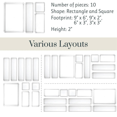 Diagram of SimpleSort 10 Piece Stackable Clear Drawer Organizer Set with Multi Size Trays showing various layouts and dimensions